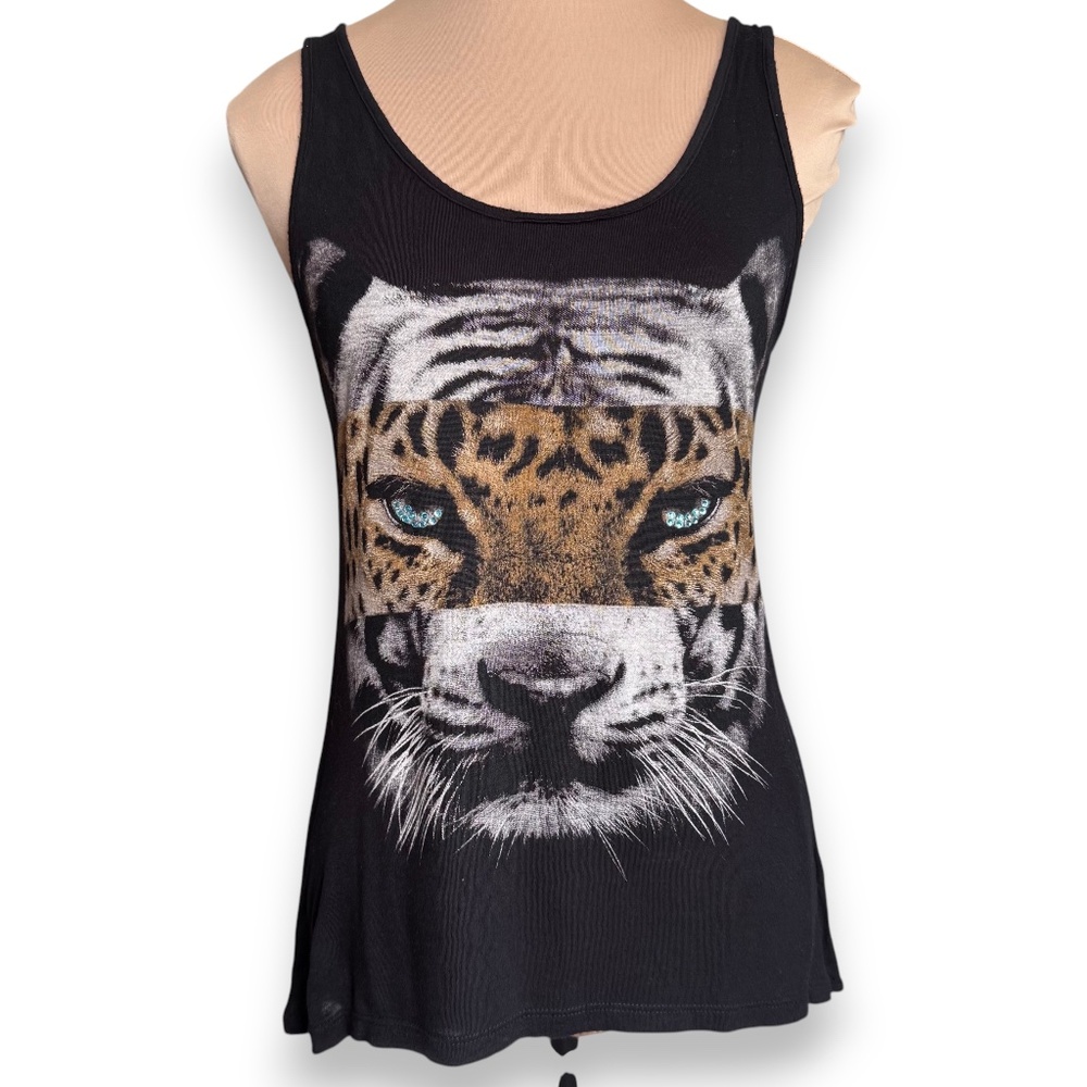IT CLOSET Black Tiger Graphic Rhinestone Eyes Hi Low Tank Top